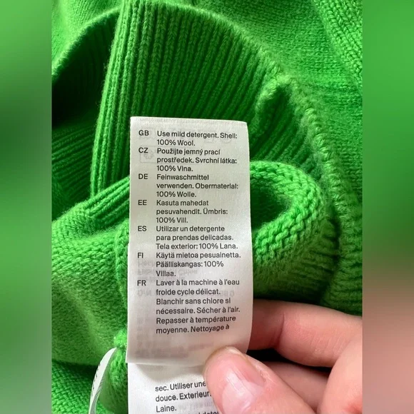 Cos Funnel Mock Neck Green Sweater Women's Size L 100% Wool Quiet Luxury Preppy - Picture 9 of 9